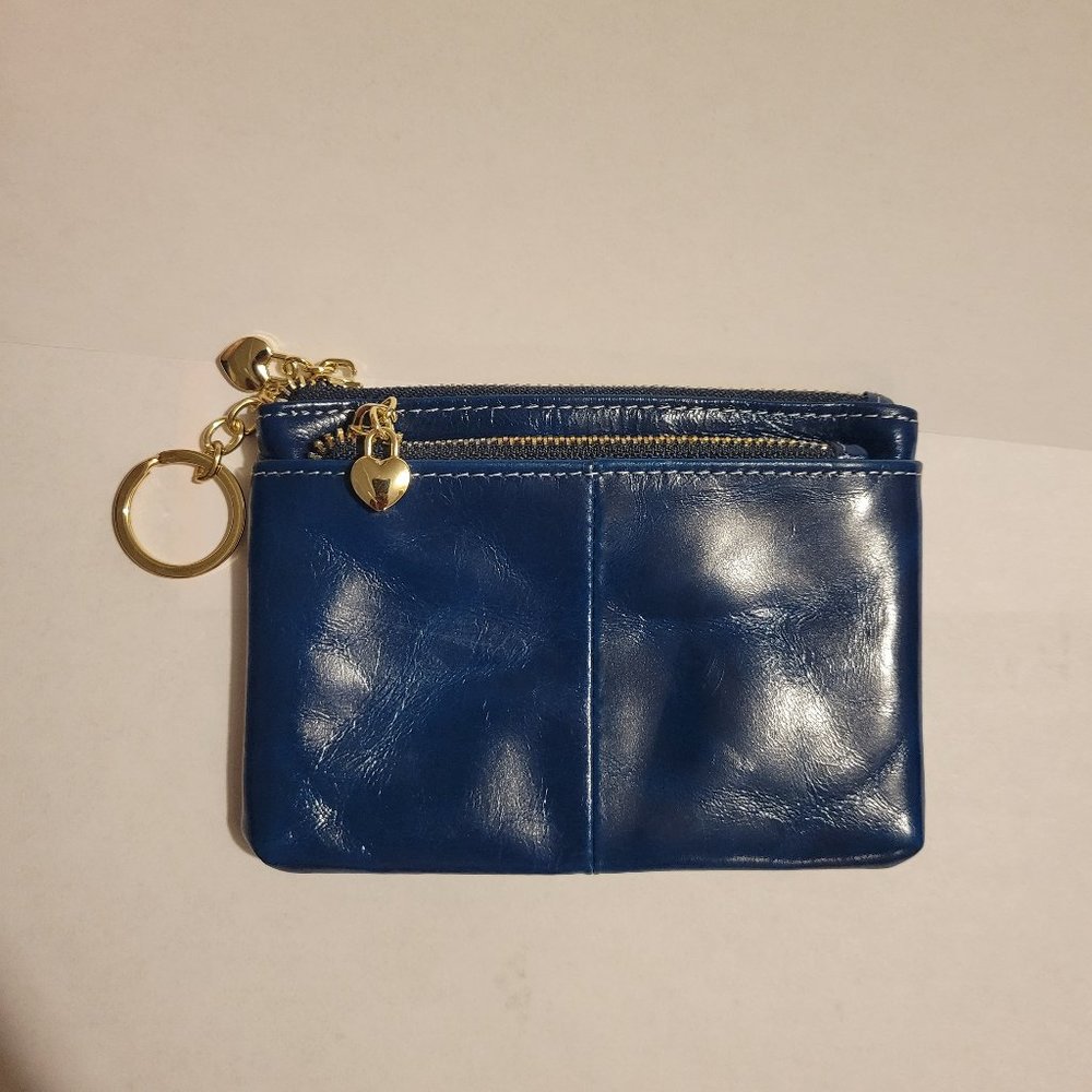 CB Embossed colbalt blue patent leather small 3 zip pouch w/ key chain
